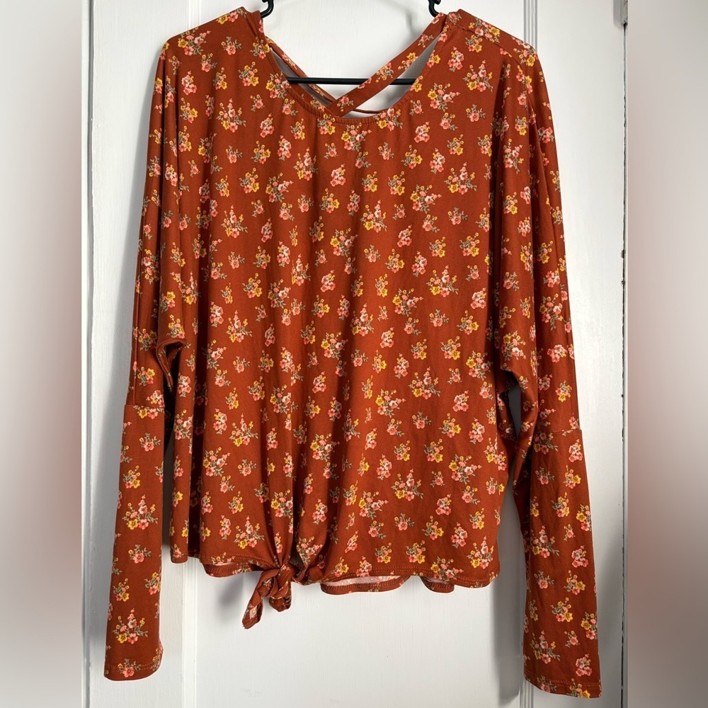 NWT Jr. Iz Byer Rust Floral Front Tie Criss Cross Back Pullover, Sz: XL
